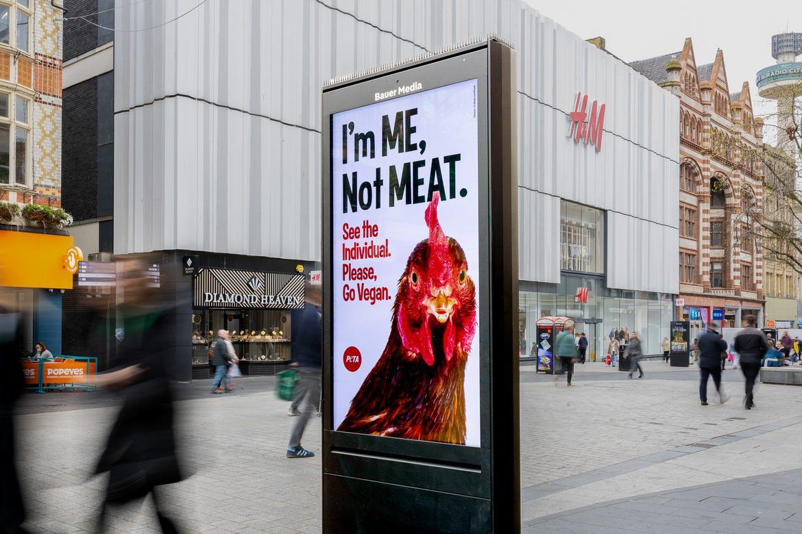 Photography of Peta adverts in Liverpool high street on Bauer Media digital boards. 